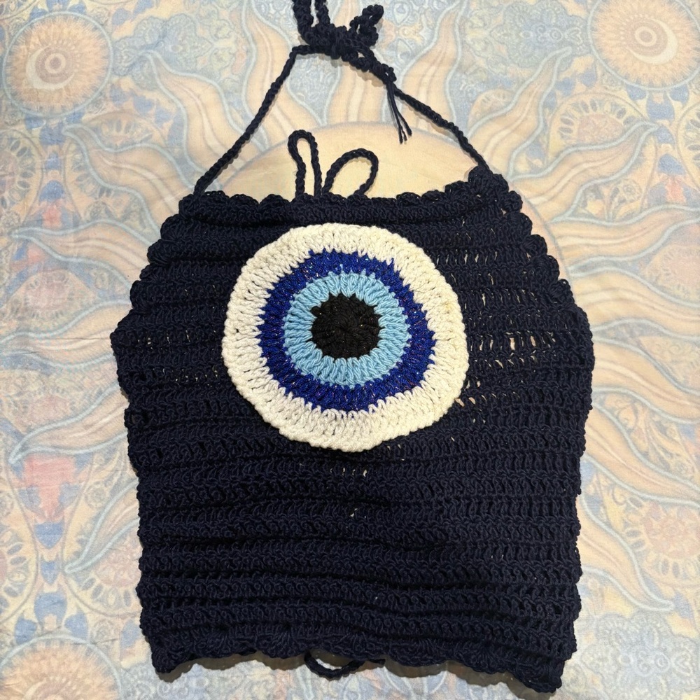 Navy Blue Evil Eye Crochet Halter Top